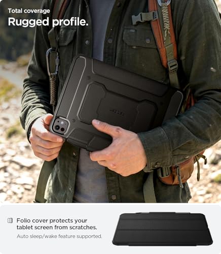 Image of Spigen for iPad Pro 11 inch Case M5 /M4 (2025-2024), Rugged Armor Pro, Tri-fold Kickstand Protective Folio Cover with Pencil Holder, Supports Auto Wake /Sleep, Black (Pack of 2)