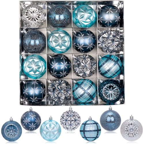3.15 Blue Silver Christmas Ball Ornaments Set, 16ct Luxury Hand-Painted Shatterproof Large Hanging Bulbs, Bulk for Xmas Tree Wreath Holiday Decoration