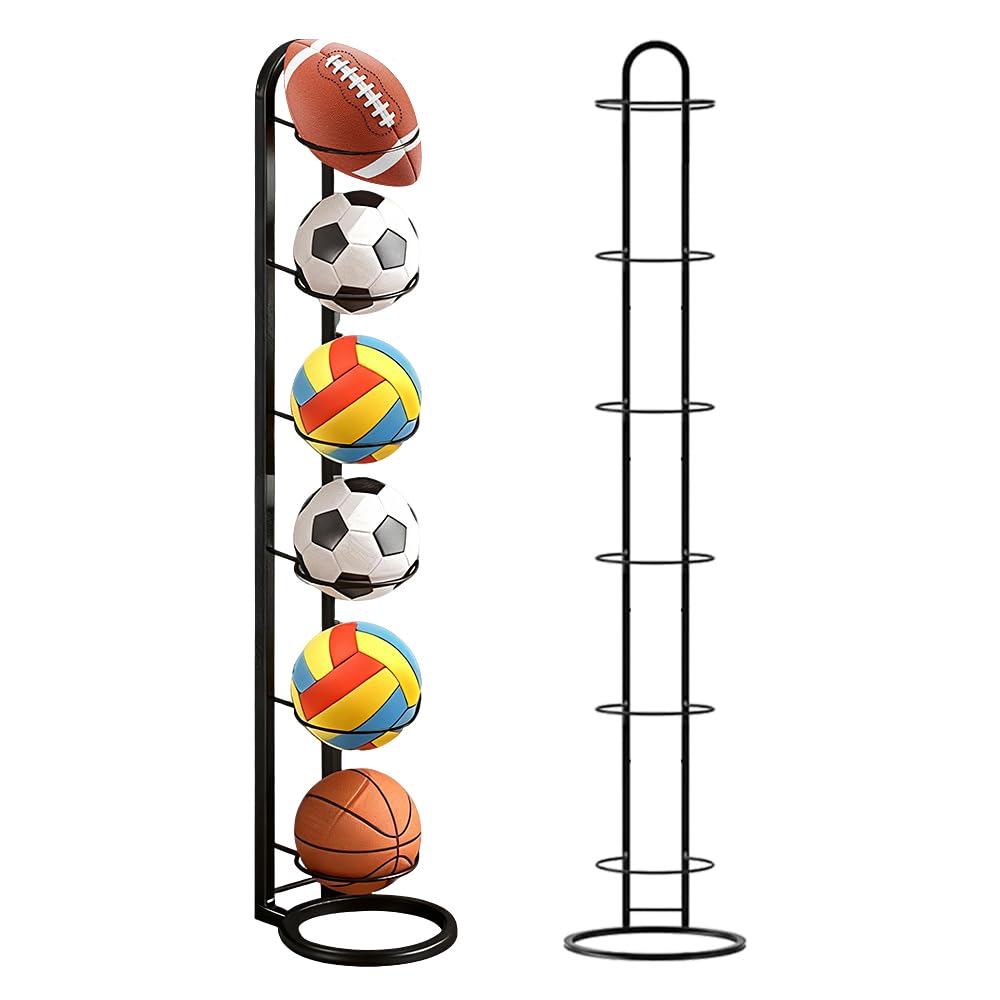 Wxeadu Ball Storage Rack, 6 Tier Vertical Removable Football Stand, Multifunctional Sports Organizer Football Holder, Black Display Stand for Basketball Football Soccer Volleyball Outdoor Indoor