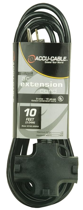 Accu Cable EC123-3FER10 Black 12 Gauge 3 Plug 10 FT Extension Cable