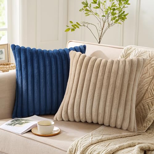 Pallene Faux Fur Plush Throw Pillow Covers 26x26 Set of 2, Luxury Soft Fluffy Striped Decorative Pillow Covers for Sofa, Couch, Living Room, Khaki