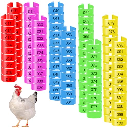 20 mm Lot de 100 Bague Poule Anneaux de Jambe D'Identification Clip numéroté sur la volaille Anneaux de Jambe Plastique Coloré de Poulet Bandes Anneaux de...