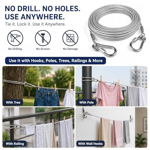 Image of Heavy Duty Clothes Drying Rope with Hooks, Stainless Steel Wire Clothesline for Balcony, Bathroom & Outdoor Use (10 Meter)