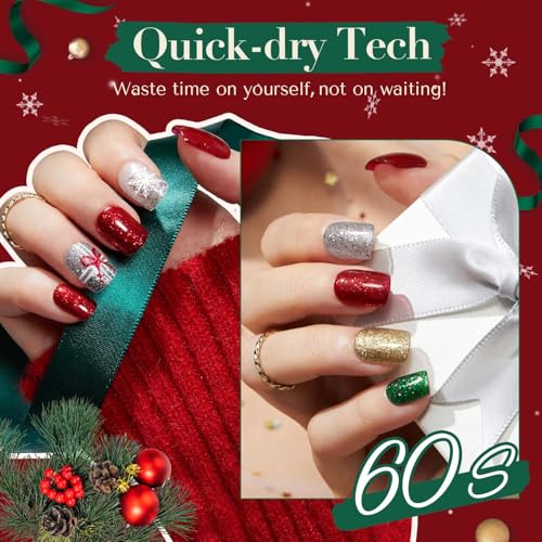 Image of AZUREBEAUTY Nail Polish Set, 4 Colors Christmas Glitter Red Green Gold Silver Quick Dry Natural Fingernail Lacquer Strengthening Treatment Kit with Top Coat DIY Salon at Home