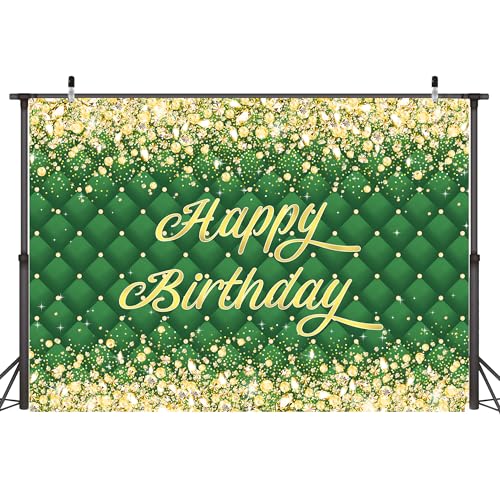 Image of Birthday Decorations Backdrop 8 x 6 ft Green Golden Happy Birthday Banner Large Birthday Party Background for Men Women Kids Photo Shoot Supplies (Green-Birthday, 8 * 6 ft)