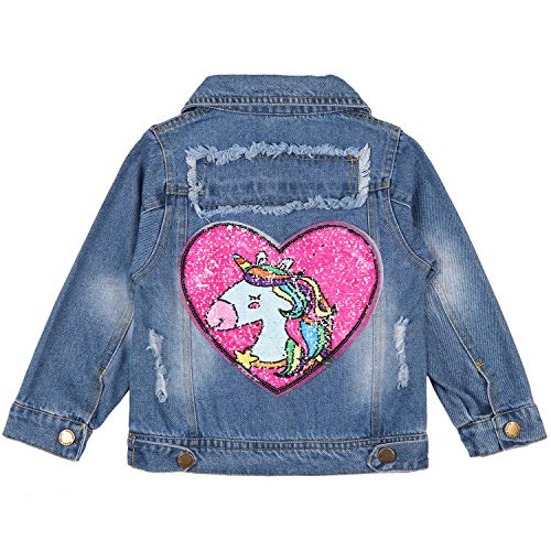 ANATA Big Girl Denim Jacket Sequin Denim Jacket Long Sleeve Denim Coat Children Casual Spring Ripped Denim Jacket Coats Outwear Sequin Unicorn in Hot Pink Heart Shape 05 Size 8-9T