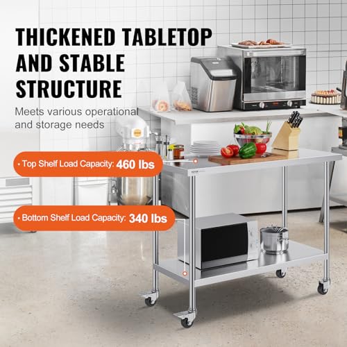 Image of VEVOR Stainless Steel Work Table 24 x 48 x 38 Inch, with 4 Wheels, 3 Adjustable Height Levels, Heavy Duty Food Prep Worktable for Commercial Kitchen Restaurant, Silver