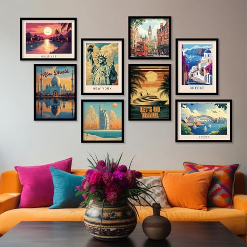 Image of kotart Modern Art City Vibes Wall Decor - Retro Travel Theme Wall Poster with Frame for Room Office Living Room Hotel Home Decor - Photo Frames - Framed Posters / Paintings Set of 8 (Art 4, Small(10x13 or 10x10 inch), Framed)