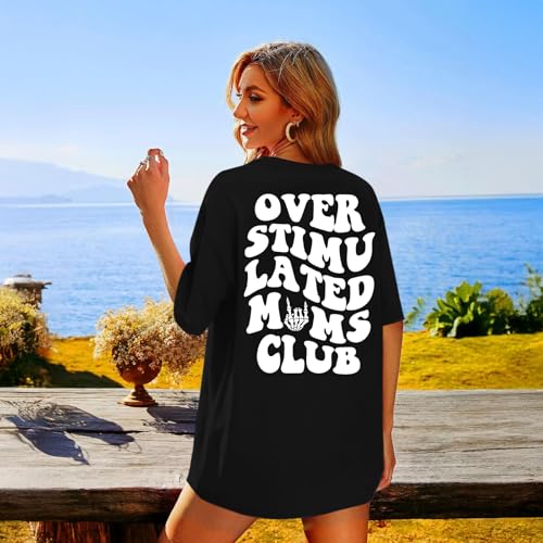 Image of Yuyiify Oversized Tshirts for Women Mama Overstimulated Cool Moms Club Skeleton Shirt Funny Mom Graphic Tees Top