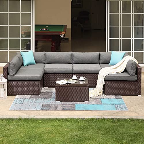 Image of DEVOKO Outdoor Conversation Wicker Patio Sofa Set Sectional Furniture with Coffee Table and Cushion for Lawn, Backyard, Poolside (Dark Brown and Grey)