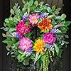 Spring Wreaths for Front Door 24 Inch Outdoor Spring Wreath ColorfulLifelike Summer Dahlia Peony Flower Wreath with HyacinthLavender and Green Eucalyptus Leaves Farmhouse Home Wall Decor
