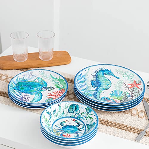 LEHAHA 12-Piece Melamine Beach Dinnerware Set, Coastal Plates and Bowls Sets, Oceanic Sea Life Dish Sets for 4, Great for Indoor Outdoor Dining on the Beach, RV, Camping or Cabin - Image 4