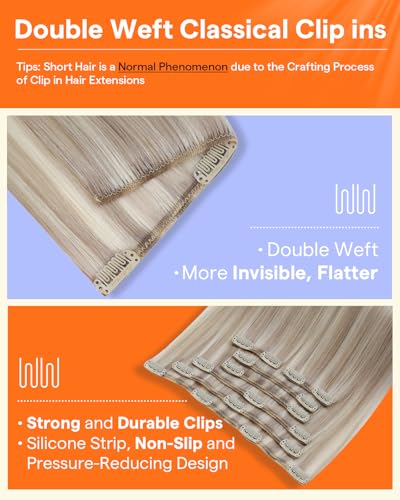 Image of Full Shine Clip in Human Hair Extensions, Ash Blonde Highlight | Real Hair Clip in Extensions, Blonde Remy Hair Extensions, Double Weft, for Fine Thinning Hair, 24 Inch 7 Pcs 120g