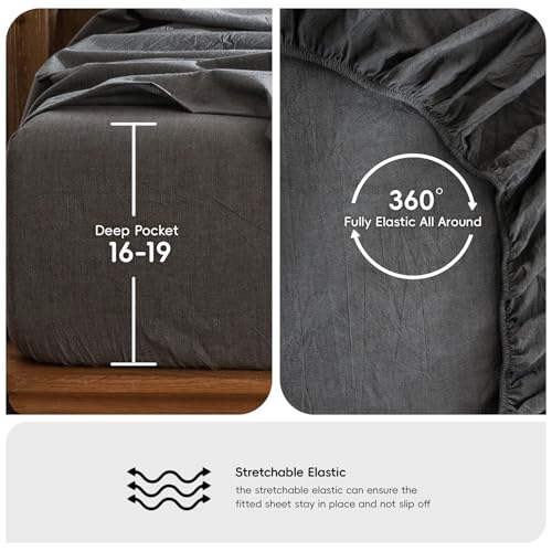 Image of MooMee Bedding Sheet Set 100% Washed Cotton Linen Like Textured Breathable Durable Soft Comfy (Heathered Dark Grey, California King)