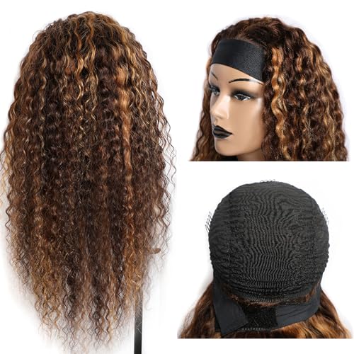 Image of Punmasa Headband Wig Human Hair Deep Wave 4 /27 Human Hair Headband wigs for women Glueless None Lace Front Wig Machine Made 150% Density headband wig human hair with Headbands (16Inch)
