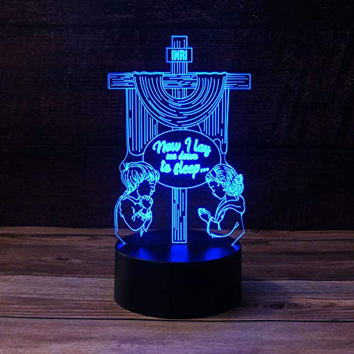 3D Praying Children w/Holy Cross Night Light - 7 Color LED Lamp Base with USB, Battery & Touch Control Rotating Fade, Solid Color Mode Makes a Perfect Nightlight for Kids or Unique Gift for Any Age