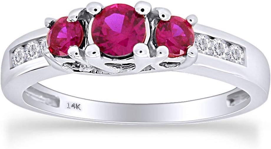 AFFY 14K Gold Round Cut Simulated Pink Ruby & White Natural Diamond Ladies 3 Stone Engagement Bridal Ring