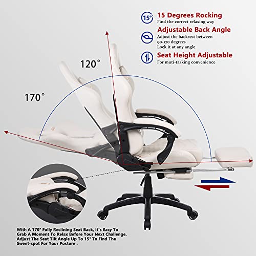 Image of Dowinx Gaming Chair Big and Tall, Ergonomic Game Chair for Adults with Footrest and Massage Lumbar Support, High Back Computer Gamer Chair PU Leather, 350Lbs, for Office, Home, Ivory