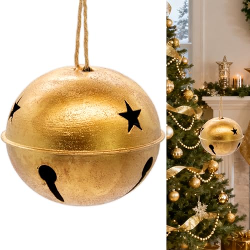 Christmas Decorations, Christmas Bells for Decoration, Harmony Cow Bells Vintage Decor, Handmade Rustic Gold Bell with Jute Hanging Rope