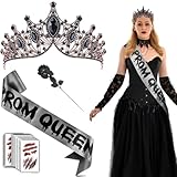 Halloween Prom Queen Costume Accessories Set Includes Queen Tiara Queen Satin Sash Tattoo Stickers and Black Rose for Women Halloween Dress Up