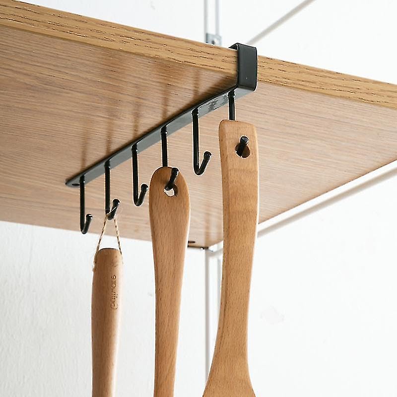 Image of 1 PCS 6 Metal Door Organiser Hook Hanger Under Shelf Kitchen Utensil Hanger Rack with 6 Hooks Wall Hanger Suitable for Room, Kitchen, Bathroom(ONLY Black).