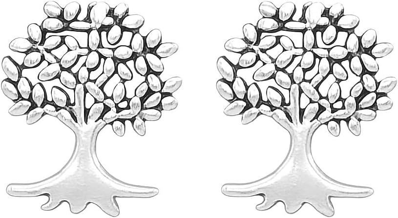 Sterling Silver Oxidized Retro Tree Of Life Family Tree Stud Earrings