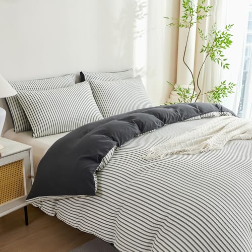 Image of Dark Grey Striped Comforter Set King - 3 Pieces Bedding Comforter Set for All Season, Soft Lightweight Washed Microfiber, 1 Striped Comforter and 2 Pillowcases (Dark Grey, King Size)