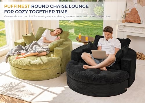 Image of MAXYOYO Oversized Round Chaise Lounge Sofa, Upholstered Lounge Chair with 3 Pillows, Boneless Sofa Couch with Ottoman, Deep Seat Chair for Living Room, Bedroom, No Assembly, Black