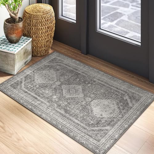 GENIMO 2x3 Non Slip Area Rug Doormat, Machine Washable & Low Pile, Vintage Small Lightweight Rugs for Entryway, Hallway, Kitchen, Bathroom and Bedroom, Gray