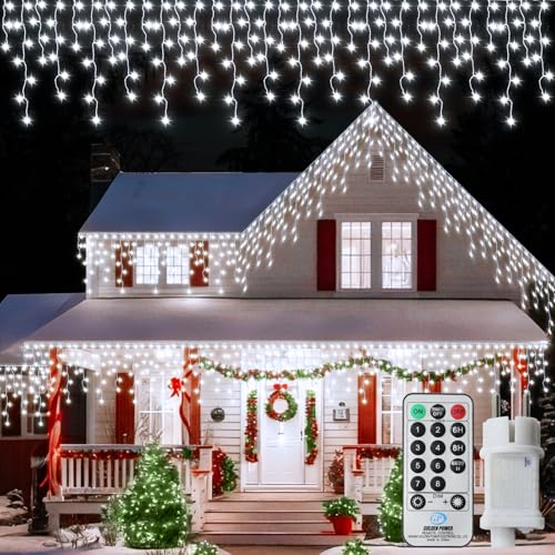 DBFAIRY 14M Eisregen Lichterkette Außen, 360 LED Lichterkette Weihnachten Eisregen mit Fernbedienung Timer, 8 Modi Weihnachtslichterkette Wasserdicht für Haus Balkon Veranden-Weiß