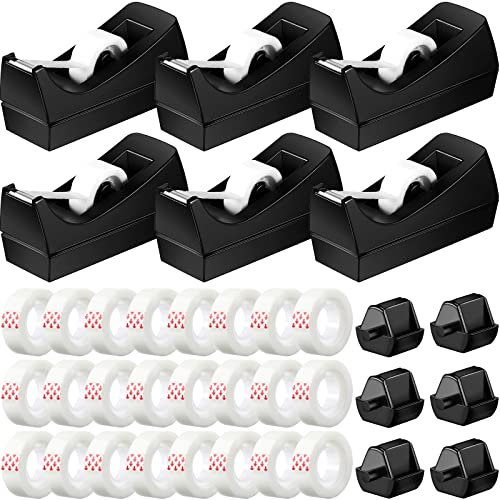 Yahenda 6 Pack Desktop Tape Dispenser Non Skid Base with Transparent Invisible Tape and Replacement Cores for Wrapping Home Office Supplies