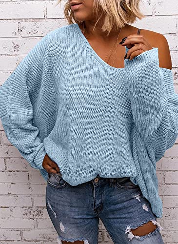 Image of BZB Women's V Neck Long Sleeve Knit Loose Oversized Pullover Sweater Top