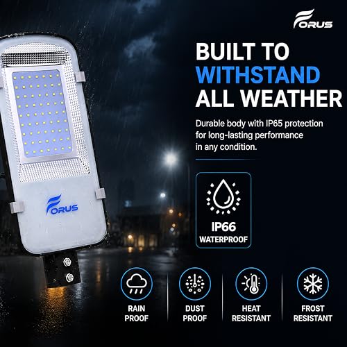 Image of Forus 50W LED Street Light Outdoor with 4 Year Warranty, High Power Floodlight, IP66 Waterproof Road Light, Parking Lot & Industrial Area Lighting, Energy Saving Aluminium Body, Cool White (1 PC)