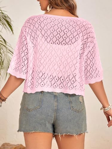 Image of Women's Plus Size Crochet Cardigan Crop Short Sleeves Tie Front Lightweight Knitwear