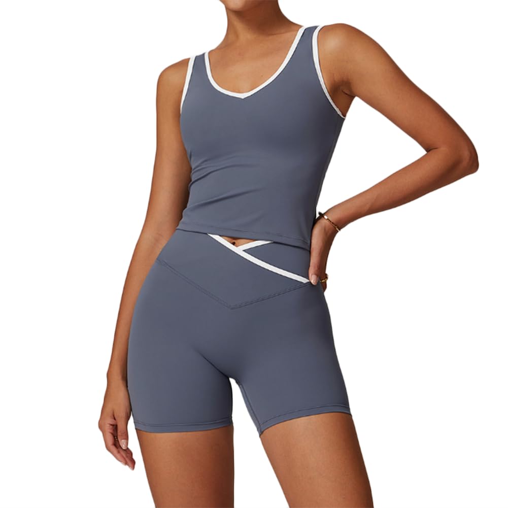 XYFfybhsd Mujer Sujetador Deportivo+ Pantalones Cortos Ocultos, para gimnasio, yoga (Size:M,Color:Grey)