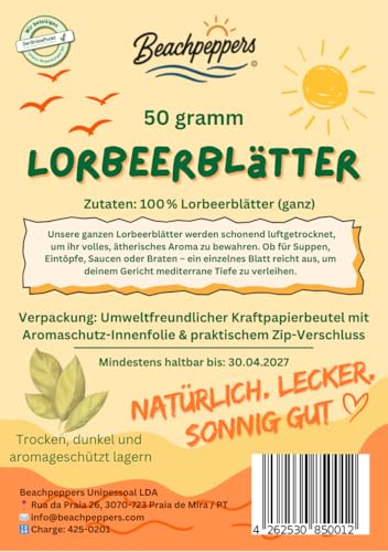 Beachpeppers Lorbeerblätter 1A-Qualität 50 g Lorbeerblätter getrocknet | Lorbeer Blätter aus nachhaltigem Anbau aus Portugal | Gewürz Lorbeerblätter | Gewürzlorbeer in Lebensmittelqualität
