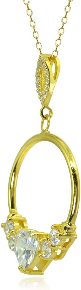 Hoops & Loops Sterling Silver Cubic Zirconia Heart Open Circle Dangle Drop Pendant Necklace - Image 2