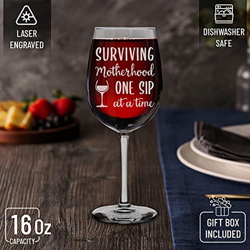 Shop4Ever Surviving Motherhood One Sip At A Time Engraved Stemmed Wine Glass Funny New Mom Gift (16 Oz.) #TOP1