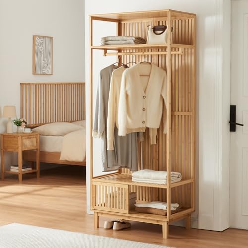 [en.casa] Portemanteau avec Barre de Penderie 2 Compartiments de Rangement Porte Coulissante Dressing Ouvert Bambou 187 x 80 x 47 cm Naturel