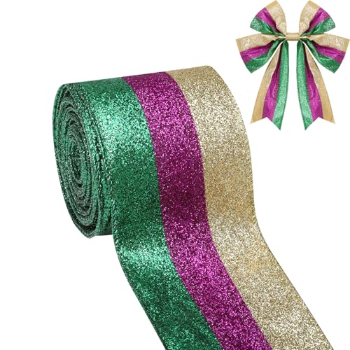 Mardi Gras Ribbon Wired Glitter Purple Green Gold Ribbon Fabric for DIY Crafts Bows Wreath Tree Topper Making Happy Mardi Gras Tree Decoration Supplies 10 Yards x 2.5in