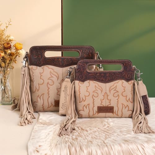 Image of Wrangler Western Handbag for Women Crossbody Bag Top Handle Shoulder Bag Embossed Cowgirl Fringe Purse