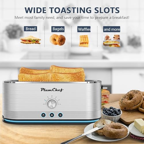 Image of Plum chef 4-Slice Toaster, Extra Wide Long SIot Toaster, 7 Browning Settings,Defrost /Reheat Functions, Removable CrumbTray, Stainless Steel Housing,Anti-Fingerprint & Anti-Jam (Stainless Steel)