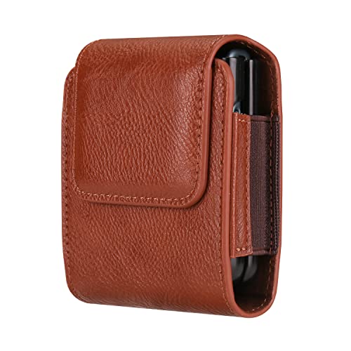 Leather Belt Clip Bag Compatible with Samsung Galaxy Z Flip 7/6/5/4/3/2 5G Leather Waist Pouch with Carabiner Mens Flip Belt Loop Carrying Case Compatible with Huawei Pura X/P50 Pocket/Moto RAZR 5G