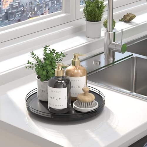 Image of 12 inch Oak Wood Bathroom Tray for Counter, Vanity Tray for Perfume Lotion Candle Makeup Jewelry Sink Soap Holder Turntable Dresser Organizer Countertop Coffee Table Decor Organization and Storage Black