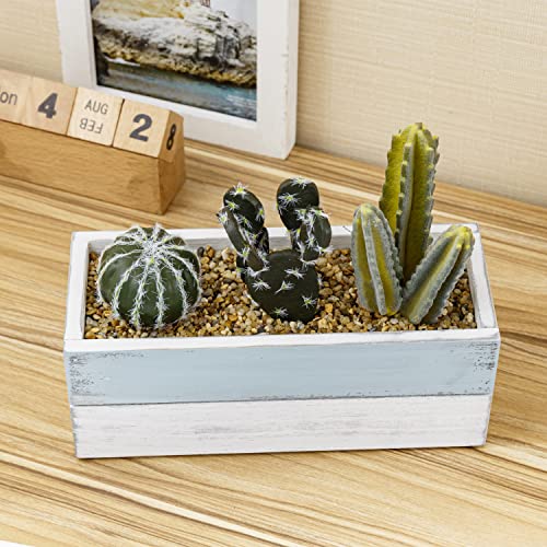 Mygift Assorted Fake Plant Decor, Artificial Mini Cactus Plant Arrangement With Vintage Blue And White Wood Rectangular Planter Box #TOP2
