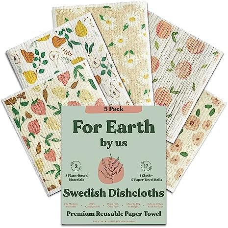 FEBU Swedish Dishcloths for Kitchen | 5 Pack Faded Summer Dish Towels | Cellulose Sponge Cloths | Non-Scratch Reusable Paper Towels Washable | No Odor, Biodegradable, Swedish Cloths
