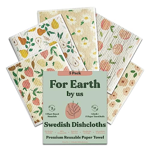 Febu Swedish Dishcloths For Kitchen | 5 Pack Faded Summer Dish Towels | Cellulose Sponge Cloths | Non-Scratch Reusable Paper Towels Washable | No Odor, Biodegradable, Swedish Cloths #TOP5