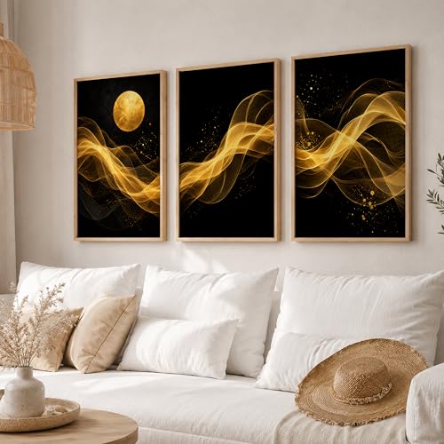 Image of TheMakerly Set of 3 Black Gold Abstract Moon Wall Art Paintings for Living Room | Luxury Modern Wall Decor | Golden Wave Wall Paintings for Bedroom, Hall, Office & Home Decoration (10x13 Inches)