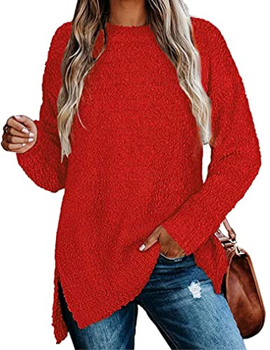 Womens Sweaters Oversized Long Sleeve Fuzzy Loose Fit Tunic Tops for Leggings Red, XXL