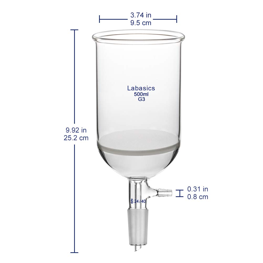 Labasics Borosilikatglas Buchner Filtertrichter mit Feiner Fritte (G3), 95 mm Innendurchmesser, 120mm Tiefe, Buchner Filtering Funnel mit 24/40 Innengelenk und Vakuum Verzahntem Tubulat (500 ml)